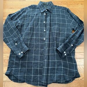 [M]Orvis Dark Blue Gray Plaid Button Down 100 Linen Shirt